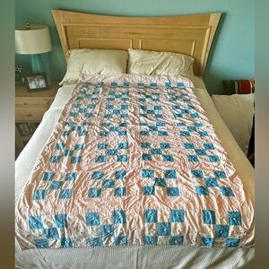 Vintage 65+ yrs. Handmade Twin Quilt Faded Pink & Blue. Hand tied patches.